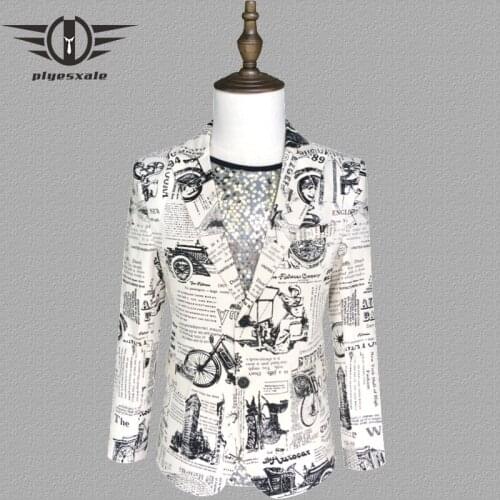Plyesxale Retro Vintage Newspaper Print Casual Blazer Hombre 2019 High Quality Stage Costumes For Singers Bar Prom Blazers Q313