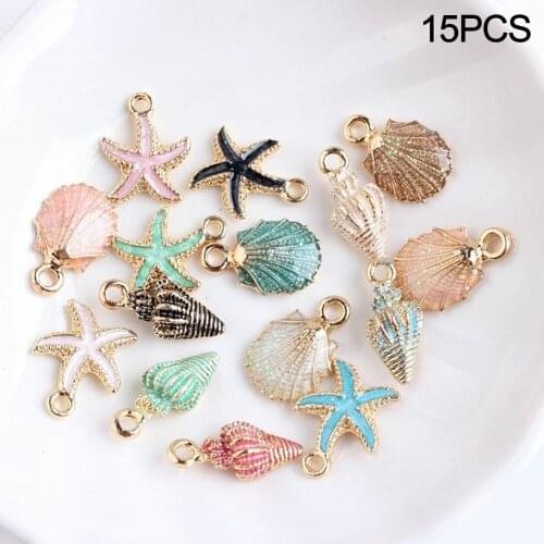 15 Pcs Unisex Cute Starfish Conch Sea Shell Charms Pendants Ocean Style Anklet Bracelet Necklace Jewelry DIY Craft Accessories