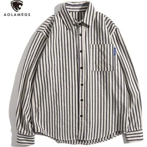 Aolamegs Mens Shirts Striped Japanese Retro Harajuku Shirts For Men All-match Loose Cargo Streetwear Long Sleeve Clothes Couple
