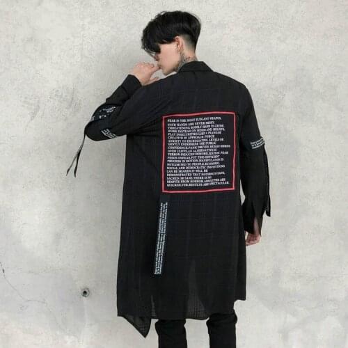 Men Thin Plaid Mesh Long Loose Casual Shirt Stage Youth Male High Street Fashion Hip Hop Punk Long Sleeve Ribbon Shirts