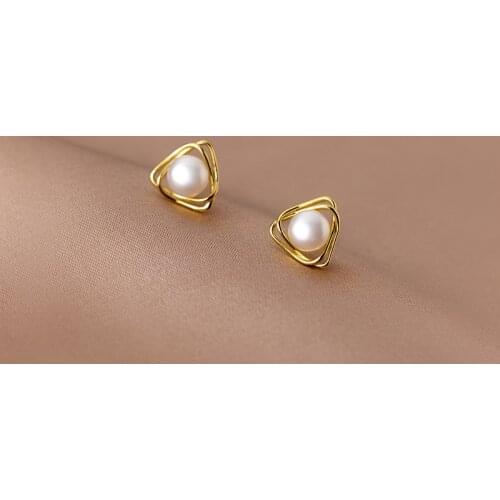 Real 925 Sterling Silver Triangle Pearls Stud Earrings Hollow Lines Earring Fine Jewelry for Women Girls