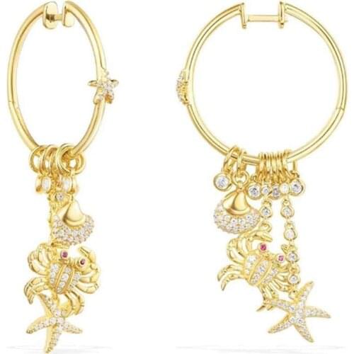 SOELLE Luxury 925 Sterling Silver Gold Color Sea Creatures Crab Starfish Shell Earrings Inlay Cubic Zirconia Stones for Women