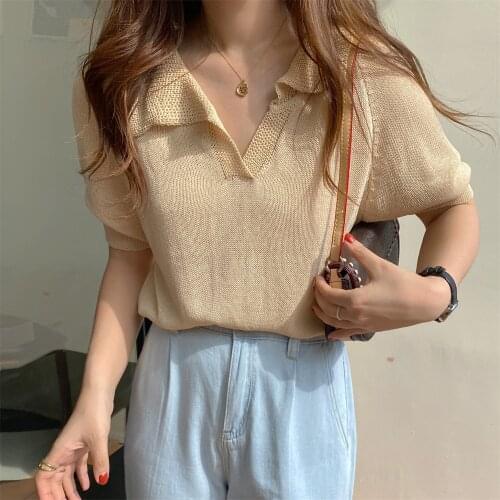2021 Lapel Thin Women Pullovers Knitted Tops Chic Solid All Match Femme Loose Office Lady Summer New Casual Sweaters