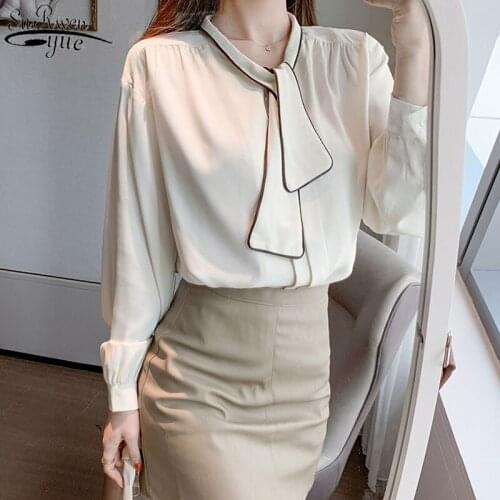 Office Lady Long Sleeve Solid Female Shirts with Tie 2021 New Fashion Chiffon Blouse Women Plus Size Puff Sleeve Clothing 13046