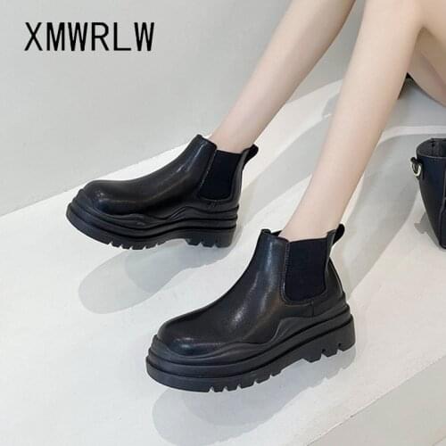 XMWRLW Womens Ankle Boots PU Leather Casual Slip on Female Shoes Thick Sole Women Ankle Boots Autumn Shoes For Woman Boot