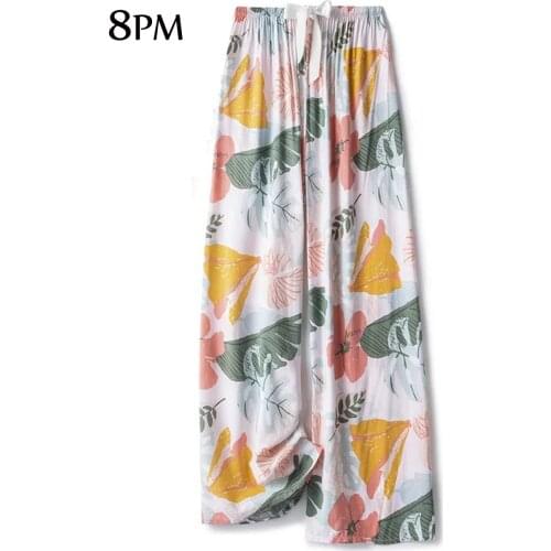 Women Summer Sleep Bottoms Homewear Sleep Pants Floral Print Pajamas Pants Cotton Comfortable Wide-Leg Elastic ouc129