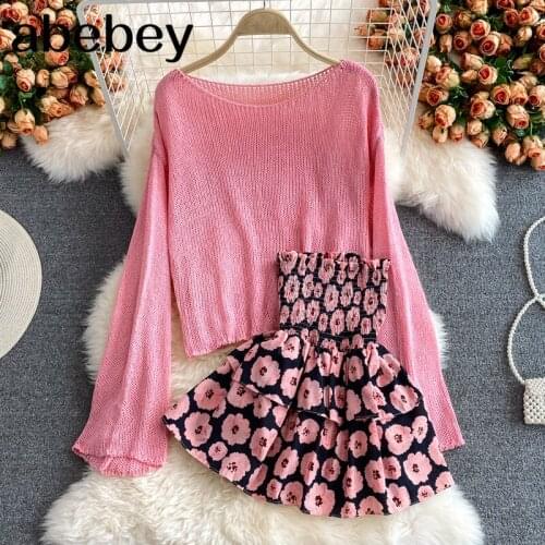 2021 New Summer Temperament O-Neck long sleeve solid T-Shirt Top + Ruffles high waist print short Skirt two piece set