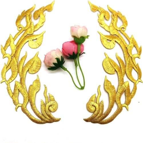 Iron On Patches 5 Pairs/Lot Burning Flame Gold Appliqued Cosplay Lace Diy Embroidery Trims 18*6cm