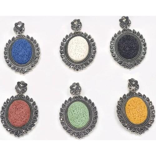 1pc Natural Semi-precious Colorful Volcanic Lava Round Metal Edging Pendant Jewelry Making Handmade New DIY Necklace Accessories