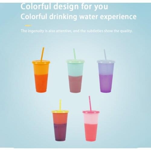 5 Pcs Temperature Change Color Changing Rainbow Cup with Straw and Lid Reusable 720ml Plastic Cup with Straw Decoration Transluc
