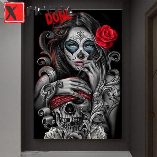 5D full round square diamond embroidery Sexy woman with skull pictures rhinestones icon diamond painting mosaic art home decor