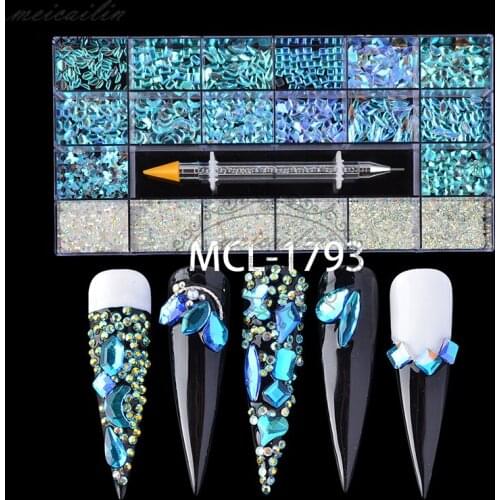 700Pcs Mix Laser White AB Crystal Rhinestones 3D Multi-Shapes Flatback Nail Garment Decor Glitter 7920Pcs Non Hotfix Strass Set