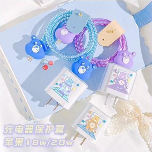 Cartoon Bear TPU Case USB Cable Protector For iPhone 12 18W/20 W Charging Plug Cover Protection Sprial Cable Protective