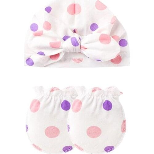 D0AF Newborn Baby Anti-scratch Gloves Knotted Hat Set Handguard Cotton Mittens Beanie Kit