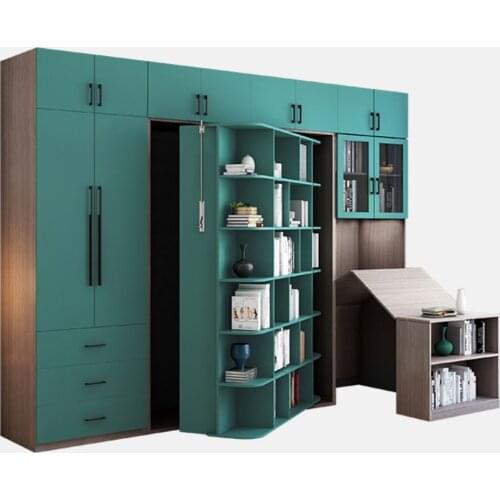 Wooden Rotating invisible folding bed combination multi functional wardrobe cabinets desk bookcase wall Murphy bed