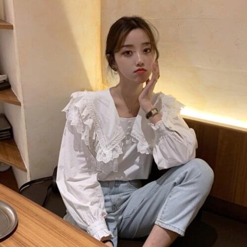 Designer Autumn Ruffles Doll Collar Solid Tops Womens White Shirt Blouses Flare Long Sleeve Office Loose Shirts Female