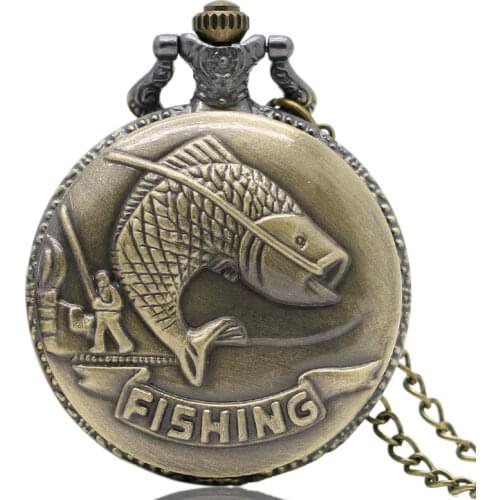 Creative Bronze FISHING Angling Quartz Pocket Watch Necklace Pendant Men Women Chain Watches Top Gifts