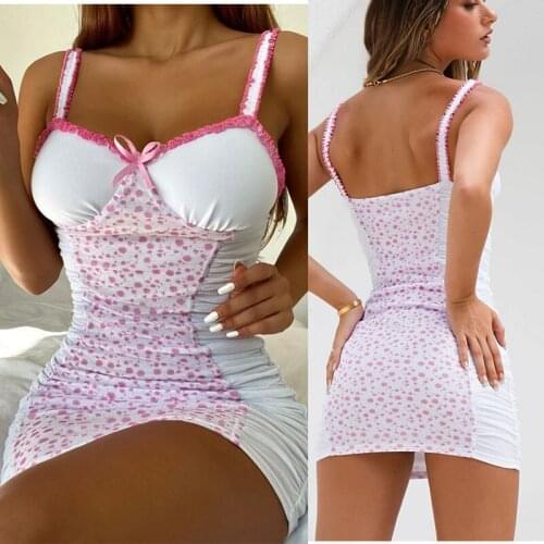 Summer Sling Dress Strap Pink Wave Lace Bow Trim Sexy Urban Casual Tight Skirt Short Sleeveless Women Clothing Party Backless
