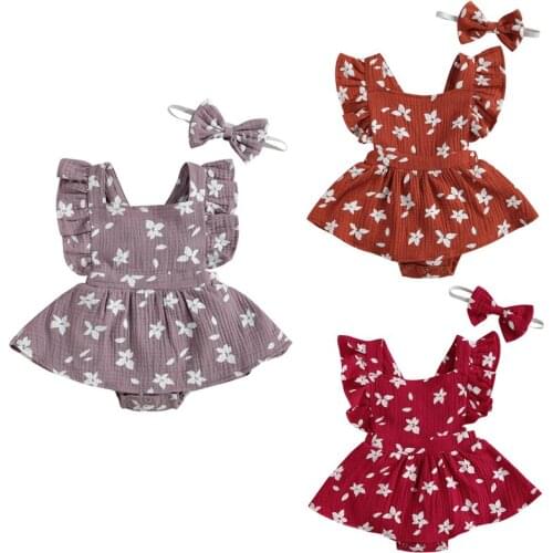 Citgeett Summer Newborn Baby Girls Romper Dress Headband Flowers Print Ruffles Fly Sleeve Backless Tutu Skirts Jumpsuits