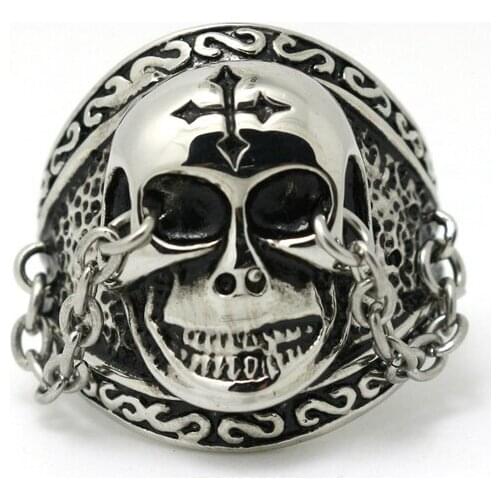 Fashion Women Mens Biker Cross Skull Ring With Chains 316L Stainless Steel Ring New Gothic Punk Style Biker Ring