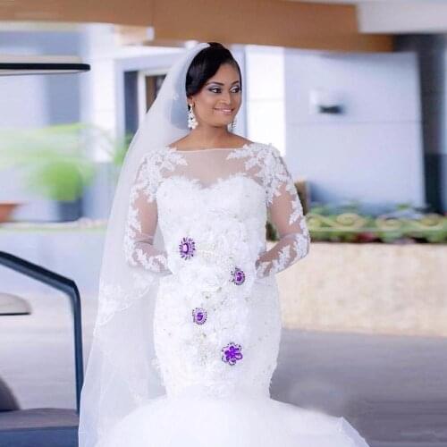 Latest Design African Plus Size Wedding Dresses Scoop Long Sleeve Lace Mermaid Gowns Bride Dress