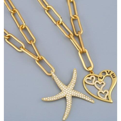FLOLA Long Chain Heart Necklace For Women Gold Cuban Link Big Starfish Pendant Necklaces Zircon Fashion Punk Jewelry Gift nker58