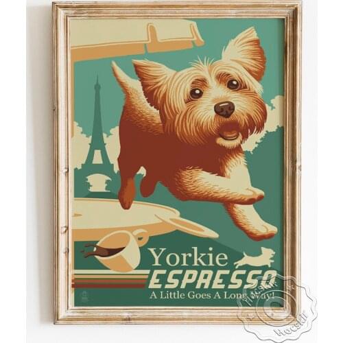 Retro Yorkie Espresso Coffee Advertising Poster, A Little Goes A Long Way Art Prints, Yorkshire Terrier Illustration Wallpaper