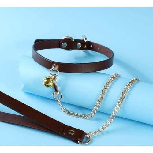 Sex Toys Genuine Leather Collar Bells Traction Chain BDSM Restraint Bells Collar Femdom Dog Slave Adult Game Flirt Sex Toy