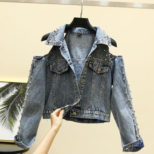 2019 Autumn New Womens Denim Jacket Long Sleeve Rivet Strapless Sexy Jeans Jackets Loose Casual Basic Coats Outerwear Tops R209