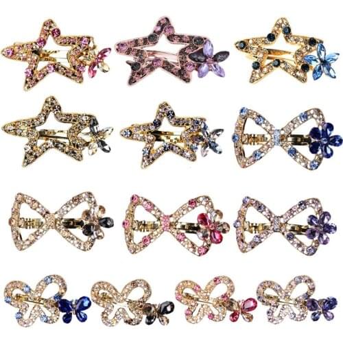 Women Vintage French Spring Hair Clip Assorted Color Faux Crystal Rhinestone Ponytail Hairpin Geometric Star Barrettes