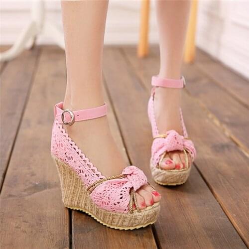 Womens Wedge Sandals 2020 Female Shoes Platform High Heels Ankle Strap Summer Ladies Shoes Designer Peep Toe Ladies Pumps Pink