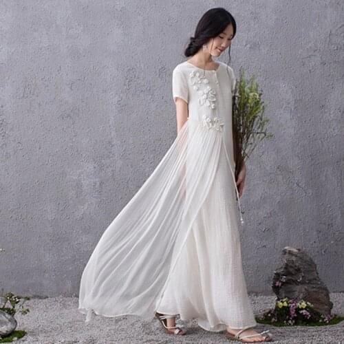 Robe Vintage Femme 2019 Summer Dresses O Neck Cotton Linen Maxi Dress Chinese Style Female White Ethnic Retro Dress 2019 AA4793