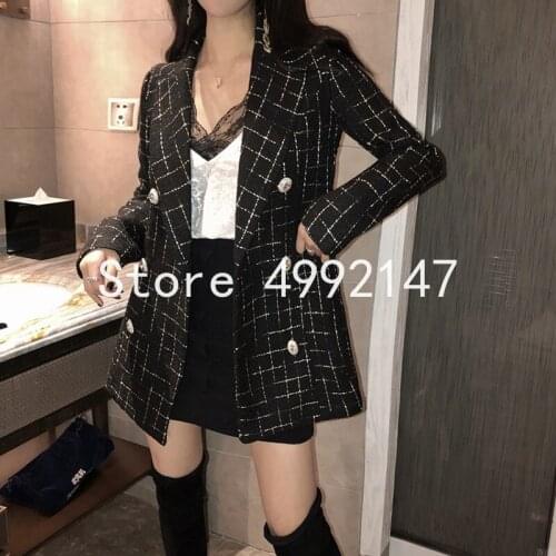 2020 Autumn winter women elegant double breasted plaid tweed coats Korean female slim jackets OL notched collar coat Y712