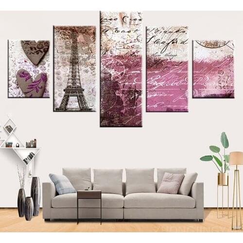 Canvas Pictures Home Decor 5 Pieces Vintage Abstract Paris Tower Scenery Painting Modular Prints Love Heart Poster Room Wall Art