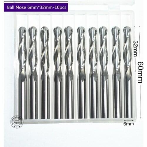 6mm*32mm,10pcs,Free shipping 2 Flutes Ball Head End Mill,CNC milling Cutter,Solid carbide Woodworking relief Bit,wood Cutter