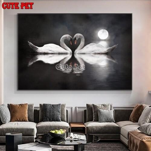 Diy Diamond Painting Two swans couple under the moon Embroidery Full Square Drill Rhinestone 5D Cross stitch Mosaic decor Art