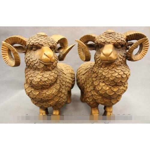 Free shipping S01415 14" Chinese Bronze Folk Wealth Coin Bleat Sheep Goat Statue Sculpture Pair
