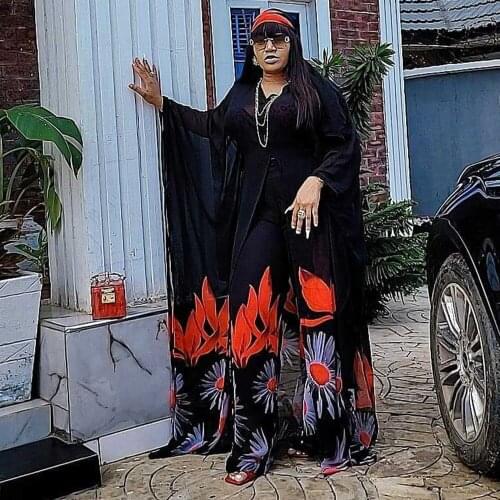 African National Style Two Pieces Set Women 2021 Muslim Fashion Chiffon Tops Long Sleeve Wide Length Pants For Daily Print Suits