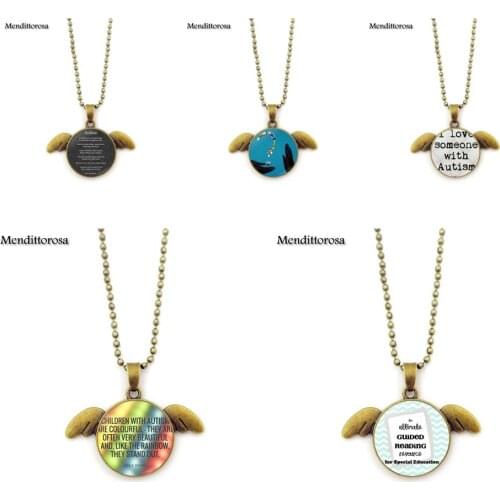 Mendittorosa Cures For Autism is The Unconditional Love Glass Cabochon Bronze Angel Wings Pendant Necklace Jewellery For Women