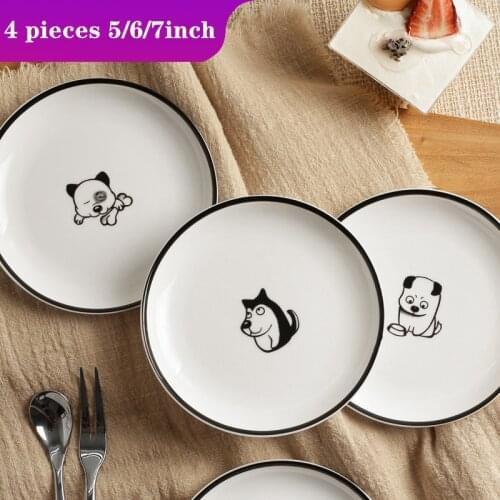 4 Pieces Cartoon Plate Ceramic Tableware Kitchen Utensils Porcelain Dishes and Plates Sets Puppy Pattern Cake Dish Dessert Tray