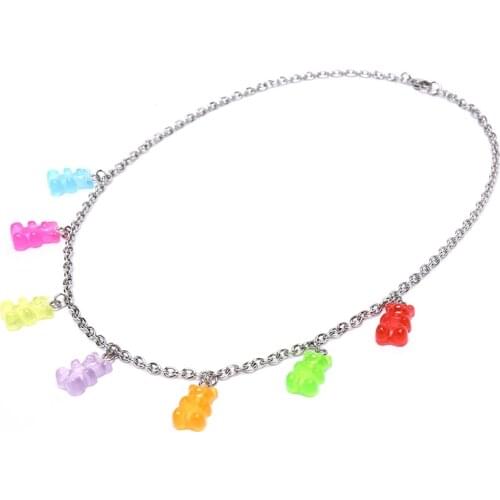 Titanium Steel Handmade candy color Cute Cartoon Bear charm Necklace For Women Girl Daily Jewelry Gifts