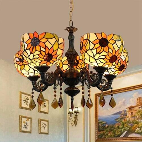 Pastoral tiffany stained glass sunflower bar 5 head crystal droplight sitting room dining-room restoring ancient ways