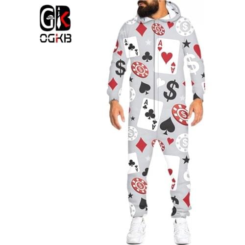 OGKB 3D Funny Poker Printed Loungewear Pajamas Hip Hop Unisex Loose Women Hooded Zip Open Sleepwear Onesies Jumpsuits Wholesale