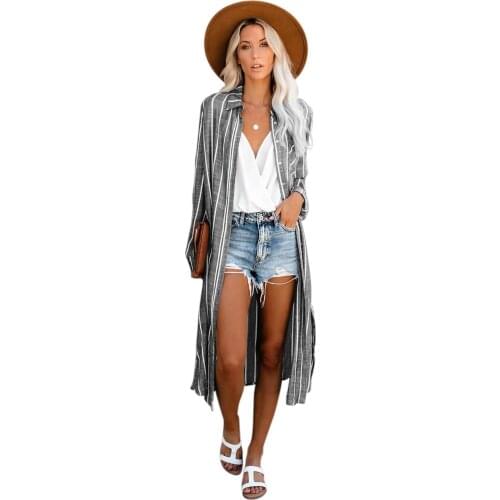 Gray Layover Button Down Striped Shirt Dress Beachwear Cover ups Women Summer Casual Long Coat Tops Plus Size S-XL