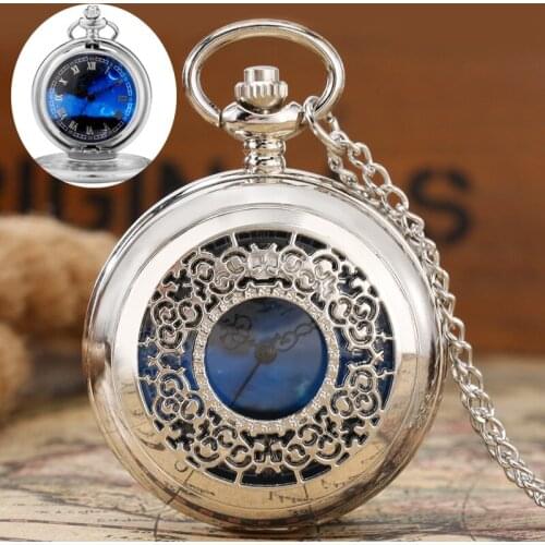 Hollow Flower Pattern Case Blue Dial Clock Women Men Pocket Watch Quartz Analog Movement Retro Pendant Necklace Chain Gift