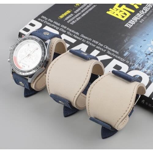 Retro Handmade Mens Wrist Watch Band 22mm Soft Leather Cuff Watch Bracelet Blue White Watch Strap