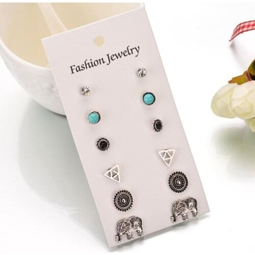 Bohemian Style 6 Pairs/Set Vintage Brincos Elephant Stud Earring Boho Antique Flower Crystal Earrings Set for Women Jewelry
