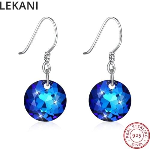 LEKANI Blue Crystals From Swarovski Round Drop Earrings Women Party Gifts Real S925 Silver Daily Accessories Fine Jewelry