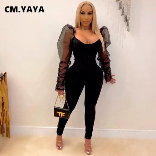 CM.YAYA Mesh Puff Sleeve Patchwork Bodycon Elastic Jumpsuit Women Sexy Club Party One Piece Overall Romper 2021 Spring winter