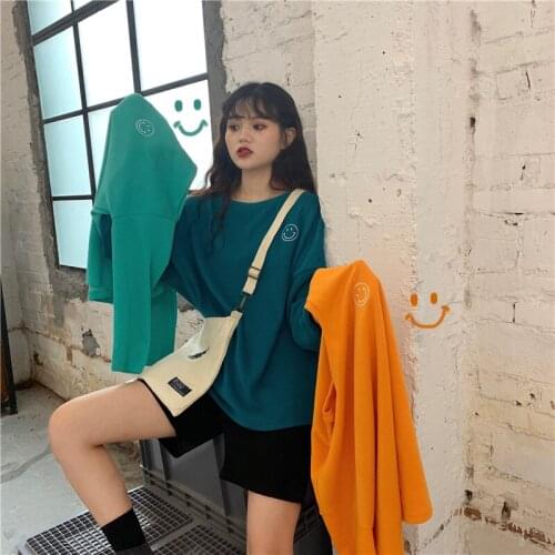Loose Casual Embroidered Smiley T-shirt Female Korean Harajuku Womens T-shirts Tops Japanese Kawaii Ulzzang Clothes For Women